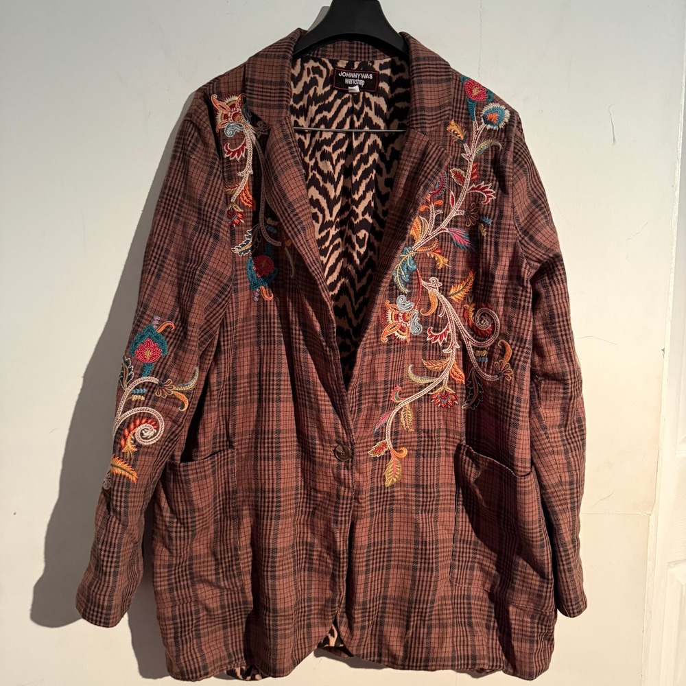 Johnny Was Workshop Medium Embroidered Plaid Boho Lined Blazer Small Flaw